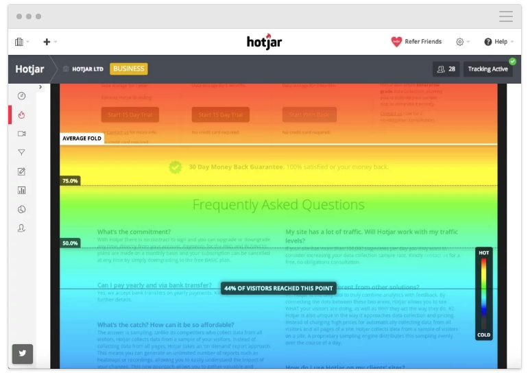 Hotjar scrolling heatmap example